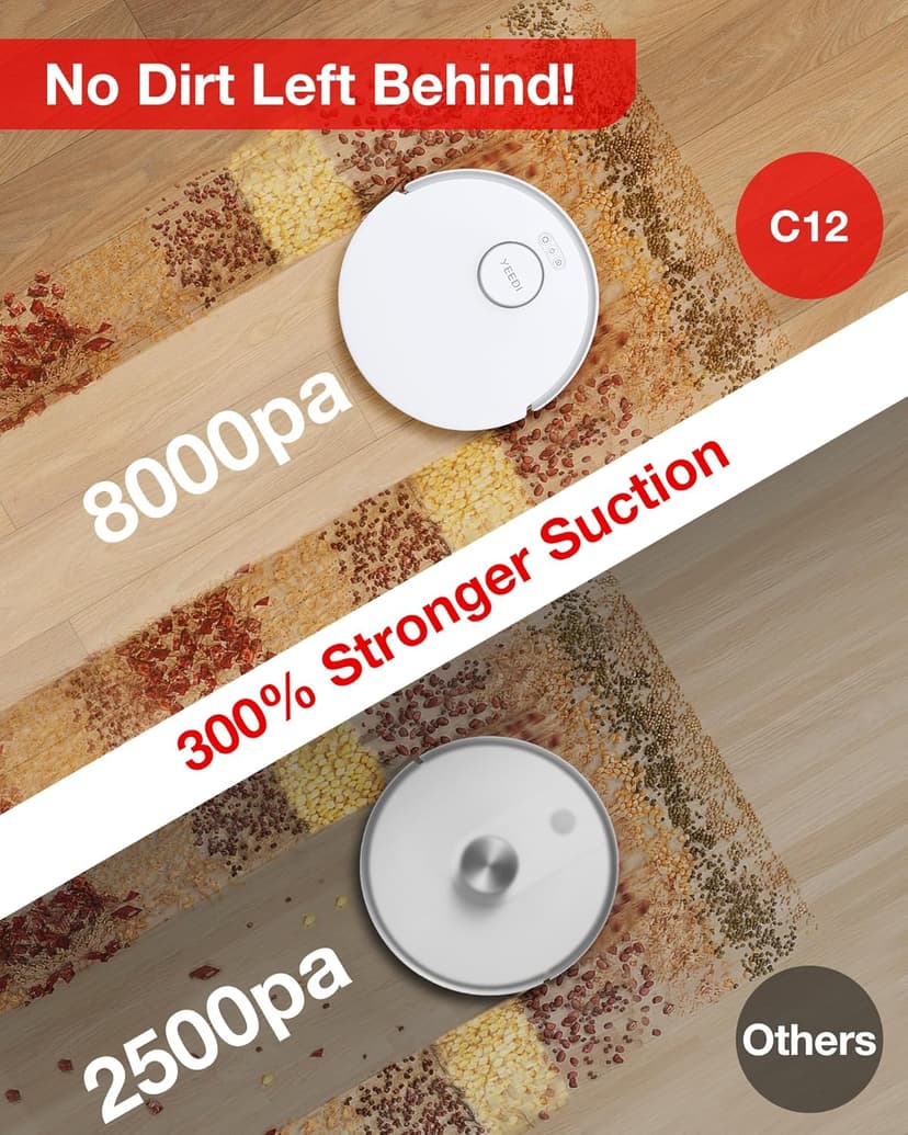 Yeedi C12 Robot Vacuum Cleaner and Mop, 8000Pa Strong Suction, ZeroTangle Brush, Smart Navigation, Self-Charging, White