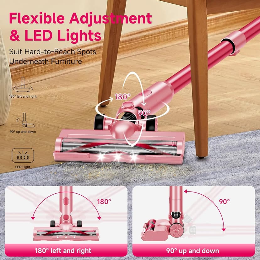 Cordless Vacuum Cleaner,55Mins/Powerful Vacuum Cleaners for Home,Stick Vacuums with 8 in 1,Touch Screen,LED Headlights, Anti-Tangle,Rechargeable,Lightweight for Carpet,Hard Floor, Pet Hair,Pink