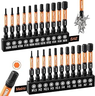 Allen Wrench Drill Bit Set 22pc Hex Bit Set, Impact Driver Bit Set, Screwdriver Bit Set, Allen Wrenches Sets, Allen Socket Set, 2" Long Metric&SAE 1/4" Hex Shank Magnetic Allen Key Drill Bits
