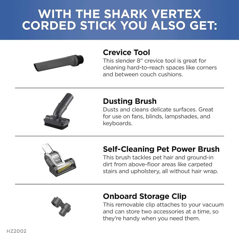 Shark | Corded Stick Vacuum Cleaner | Vertex Ultralight | Removable Handheld Vacuum | Pet Hair Vacuum for Carpet and Hard Floor | Powerful Suction | No Hair Wrap | 3 Attachments Included | HZ2002