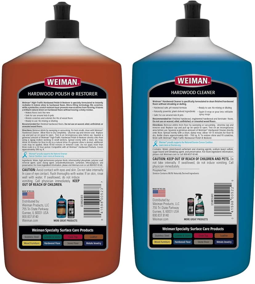 Weiman Hardwood Floor Cleaner and Polish Restorer Combo - 2 Pack - High-Traffic Hardwood Floor, Natural Shine, Removes Scratches, Leaves Protective Layer