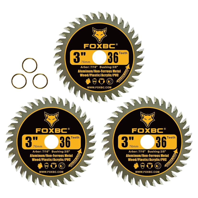 FOXBC 3 Inch Carbide Circular Saw Blade 36 Tooth for Wood, Plastic, PVC, Acrylic, Aluminum with 7/16" Arbor, 3/8" Bushing - 3 Pack