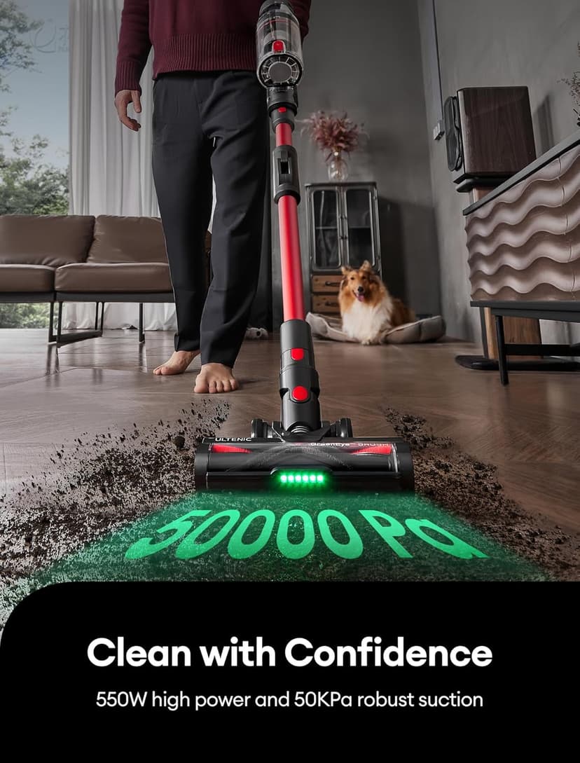 Ultenic Cordless Vacuum Cleaner, 550W/50Kpa, 60Mins Runtime, Stick Vacuum Cordless Rechargeable with 180°Bendable Wand, Anti-Tangle Brush, Vacuum Cleaners for Home/Pet Hair/Carpet/Floor U16