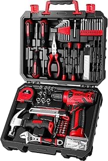 DEKOPRO Drill Set: Tool Set with 8V Red Cordless Drill, Home Tool Kit with Drill, Hand Tool Kits for Women 126 Piece