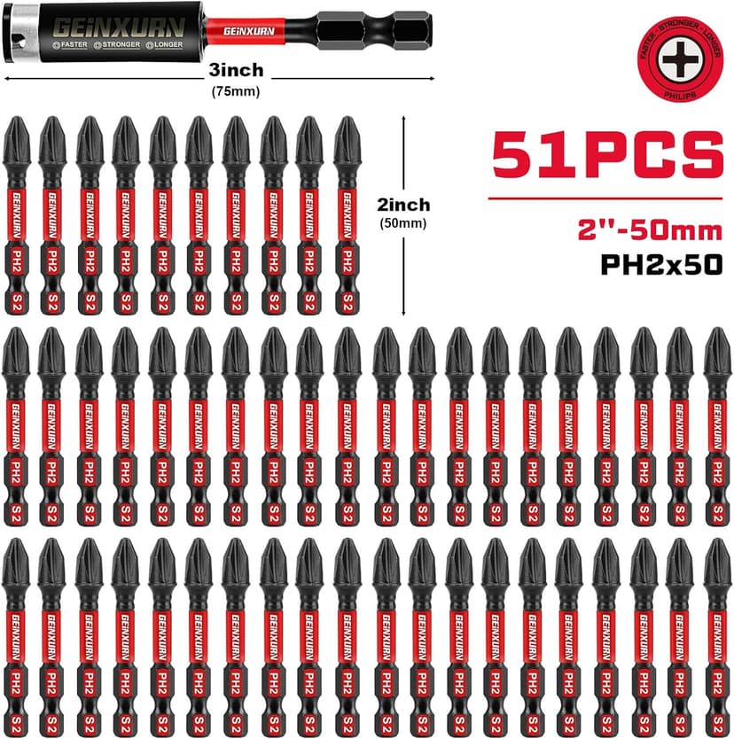 Impact Tough #2 Phillips 2 in. Insert Driver Bits,50Pack PH2 Screwdriver Bits Set with 1Pcs Impact Bit Holder,Bulk