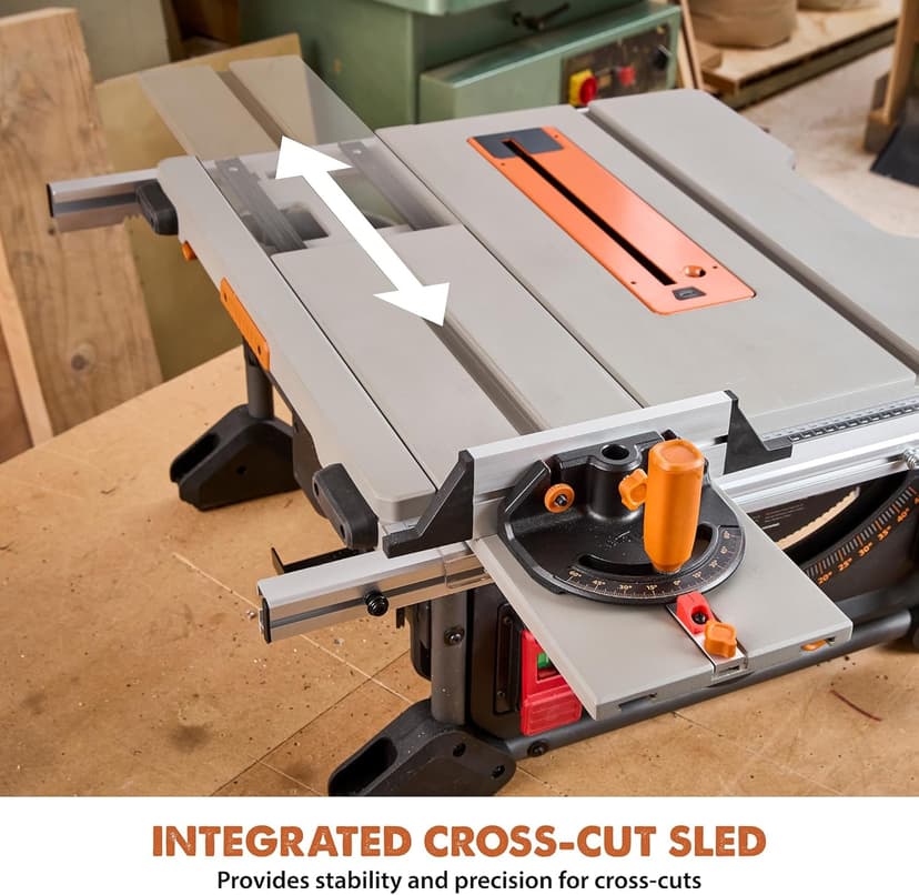 Evolution R10TBLX 10" Jobsite Table Saw with Wheeled Scissor Stand | 15A Motor | Multi-Material Cutting | 10" Blade | 26” Rip | 3-3/8” Depth | 0-45º Bevel | Precision Fence | Portable & Heavy-Duty