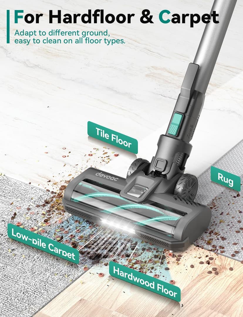 DEVOAC S10K Cordless Vacuum Cleaner for Home, 6-in-1 Lightweight Stick Vacuum with Powerful Suction, Rechargeable Battery Up to 45mins, Handheld Vacuum Cleaners for Hardwood Floor, Carpet, Pet Hair