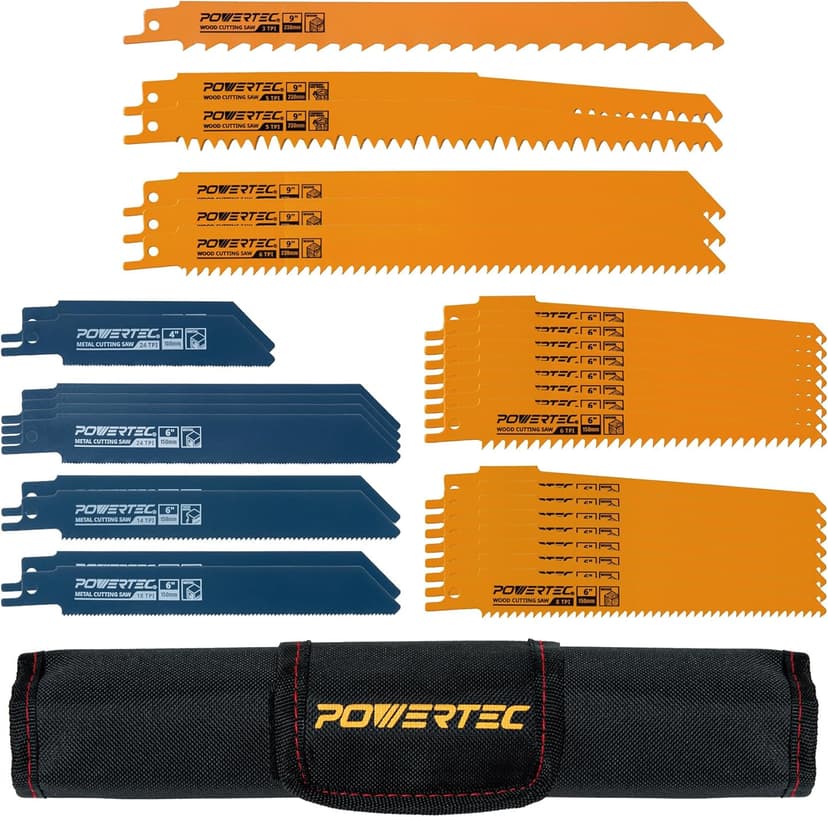 POWERTEC 32-Piece Reciprocating Saw Blades Set, Metal & Woodcutting Sawzall Blades Assortment with Organizer Pouch for Plumbing Work, Wood Pruning, Cutting Metal and Wood with Nails (14401)
