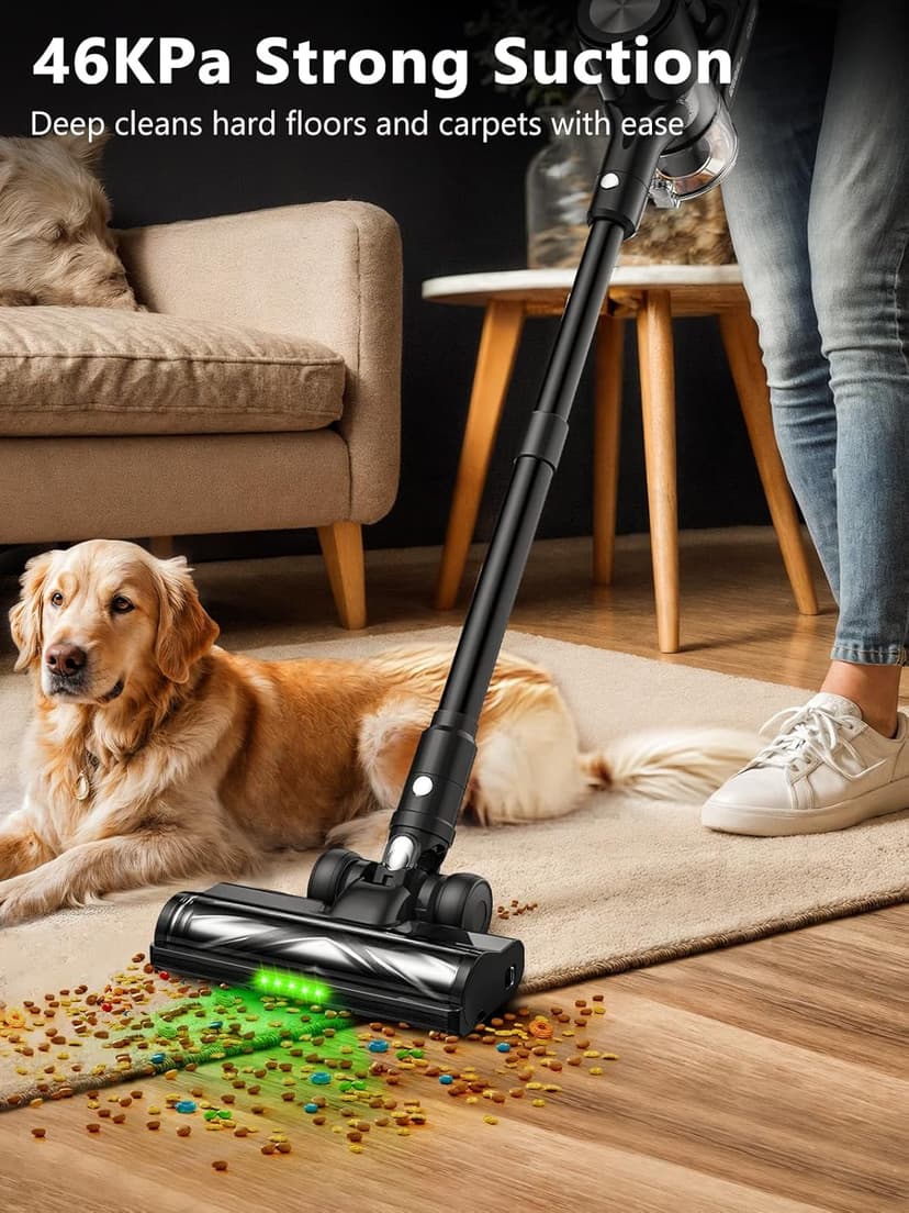 Cordless Vacuum Cleaner, 46KPa/500W Stick Vacuum with 55 Mins Runtime, Self-Standing Vacuum Cleaner for Home, LED Display, Anti-Tangle Brush, Rechargeable Vacuum for Pet Hair