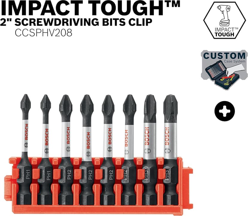 BOSCH CCSPHV208 8-Piece Assorted Set 2 In. Impact Tough Phillips Power Bits with Clip for Custom Case System