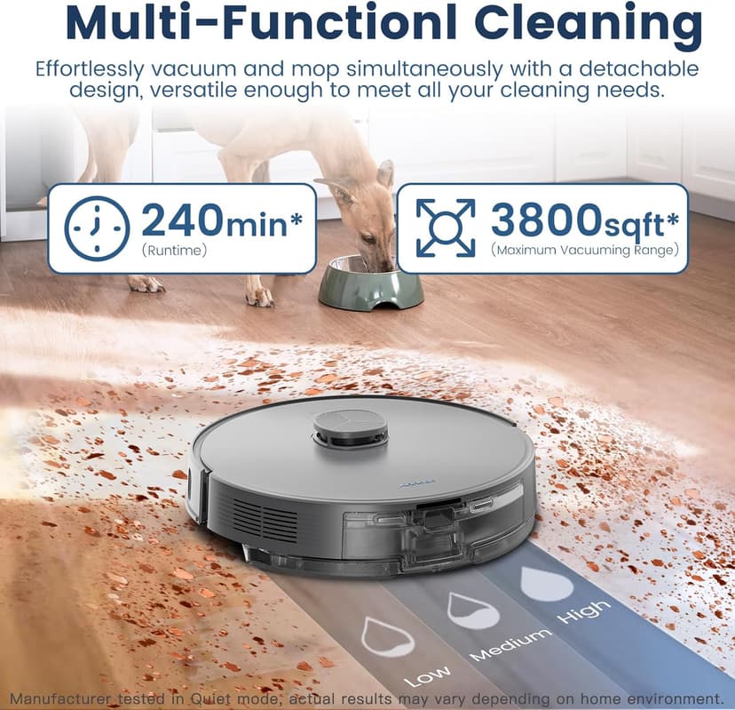 AIRROBO T25+ Robot Vacuum and Mop Combo, 5500Pa Suction, Pet Area Smart Boost, Carpet Detection, Tangle-Free Brush, LDS Mapping, APP Control, 3.5L Self-Empty Bin for Hard Floors, Carpets, Pet Hair