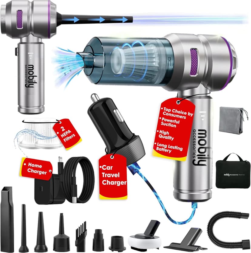 【2025 Upgraded】 Handheld Vacuum Cordless, Car & Home Cleaner with Brushless Motor, Strong & Compressed Air Dusters with LED Light, Type C Port, Wireless Mini Portable Hand Blower