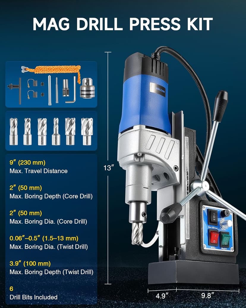 ZELCAN Mag Drill Press with 6 Drill Bits, 1550W Portable Magnetic Press with 2" Boring Diameter, 0-580 rpm Stepless Speed & Reversible Direction, 2922 lbf Power Magnetic