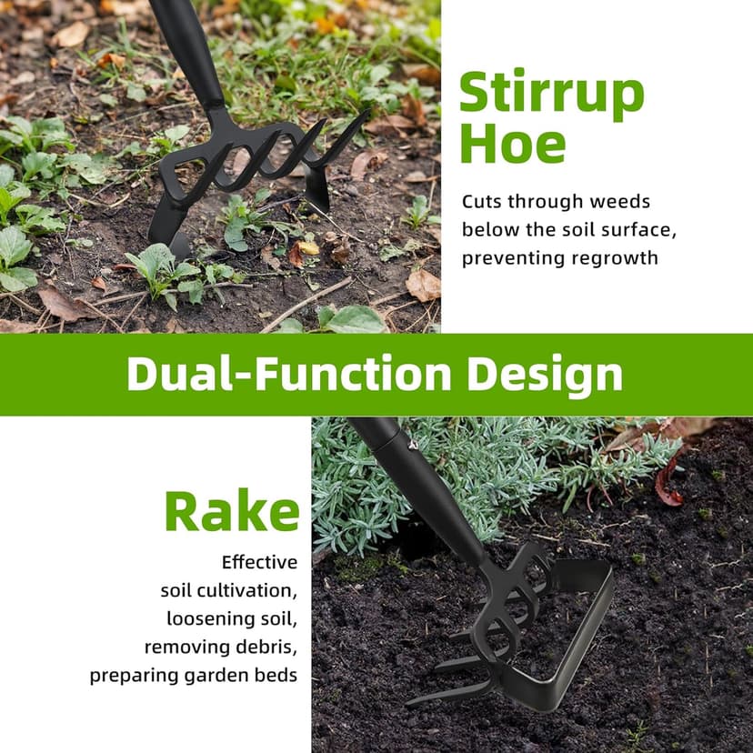 Weeding Hoe Garden Tool, 2 in 1 Stirrup Hoe and Cultivator with 62 inch Adjustable Long Handle, Heavy Duty Metal Garden Action Scuffle Hoes for Efficient Weeding Soil Aeration Small Weeder Tool
