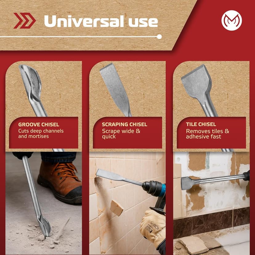 SDS Plus Chisel Set for Rotary Hammer Drills, 6 PCS SDS Chisel Set Includes Point, Flat, Scaling, Groove, Scraping, Tile, Hammer Drill Bits for Brick, Concrete, Block, Masonry