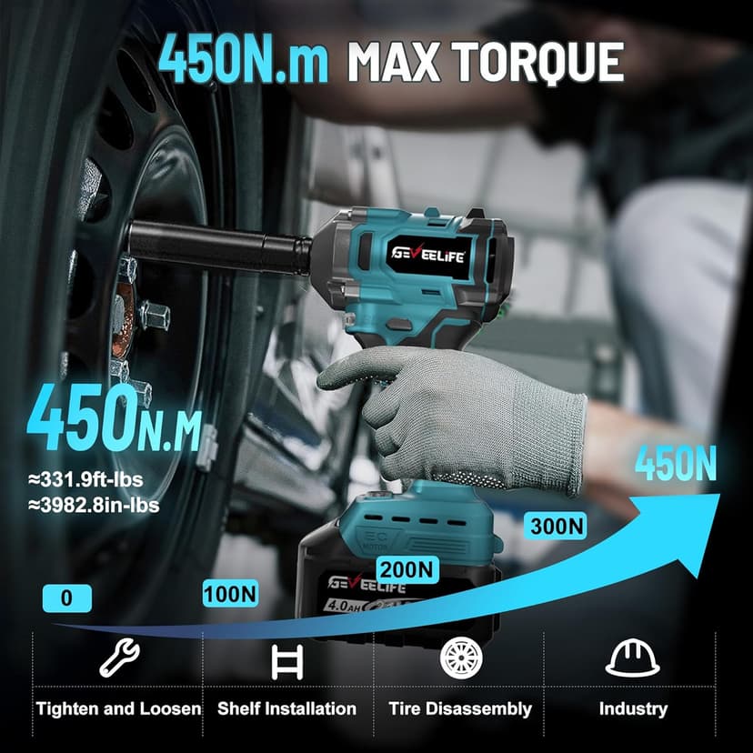 GEVEELIFE 450N.m/332Ft-lbs Brushless Impact Wrench,1/2" Cordless Impact Gun with 4.0Ah Battery & 6 Sockets, Electric Impact Driver for Car/DIY Furniture/Lawn Mower/blue (450N)