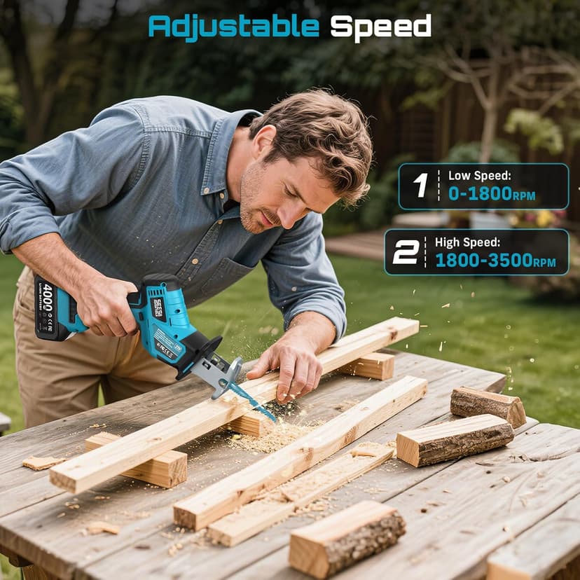SEESII Reciprocating Saw Cordless, Variable Speed 3500 RPM Brushless Motor with 8 Saw Blades, 2 x 4.0Ah Batteries, LED Light, Tool‑Free Blade Change, Portable for Wood PVC Cutting