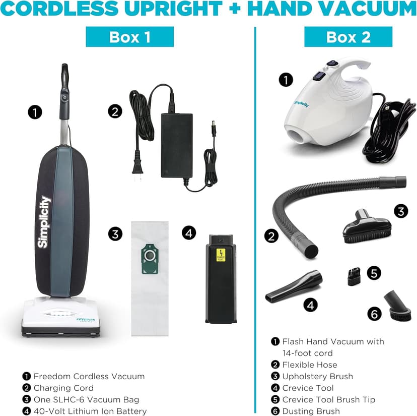 Simplicity Vacuums Cleaning Bundle – Freedom Cordless Upright + Flash Hand Vac with Tools – Lightweight Vacuum Cleaners for Home Carpet, Hard Floors and More