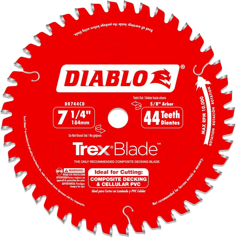 Diablo TrexBlade Saw Blade for Composites and Plastic - 7-1/4" Diameter, 44 MTCG Teeth, 5/8" Arbor, .065" Kerf, -3° Hook Angle, .040" Plate, 10000 Max RPM - D0744CD