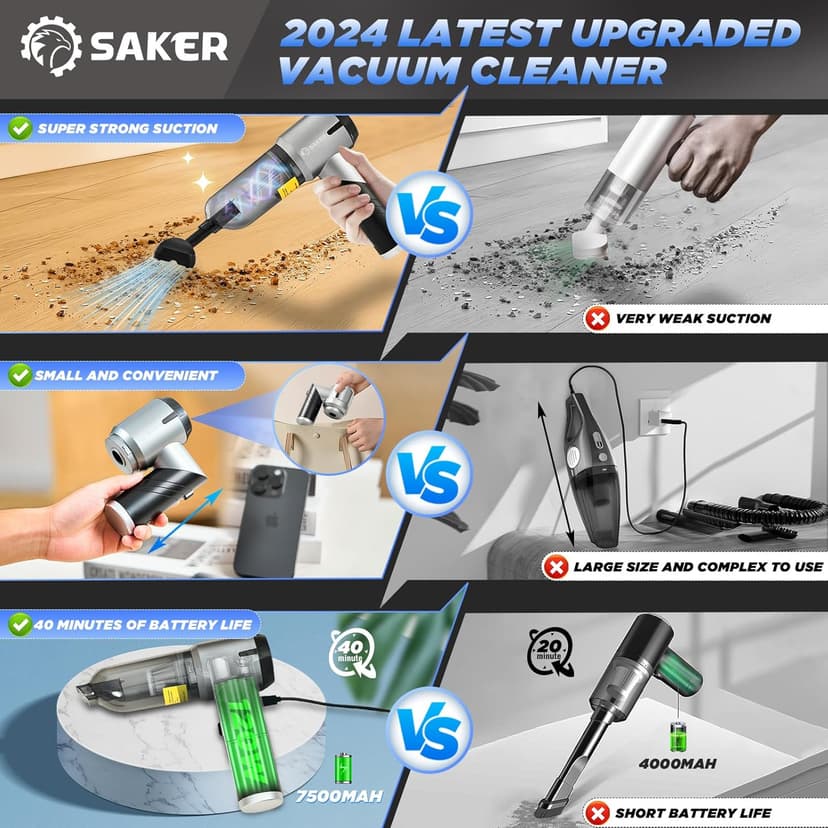 Saker Handheld Car Vacuum Portable Cordless17000PA Mini Vacuums Rechargeable Foldable Vacuum Cleaner with Brushless Motor for Gifts Home,Office Pet and Father's Day HL132 Black