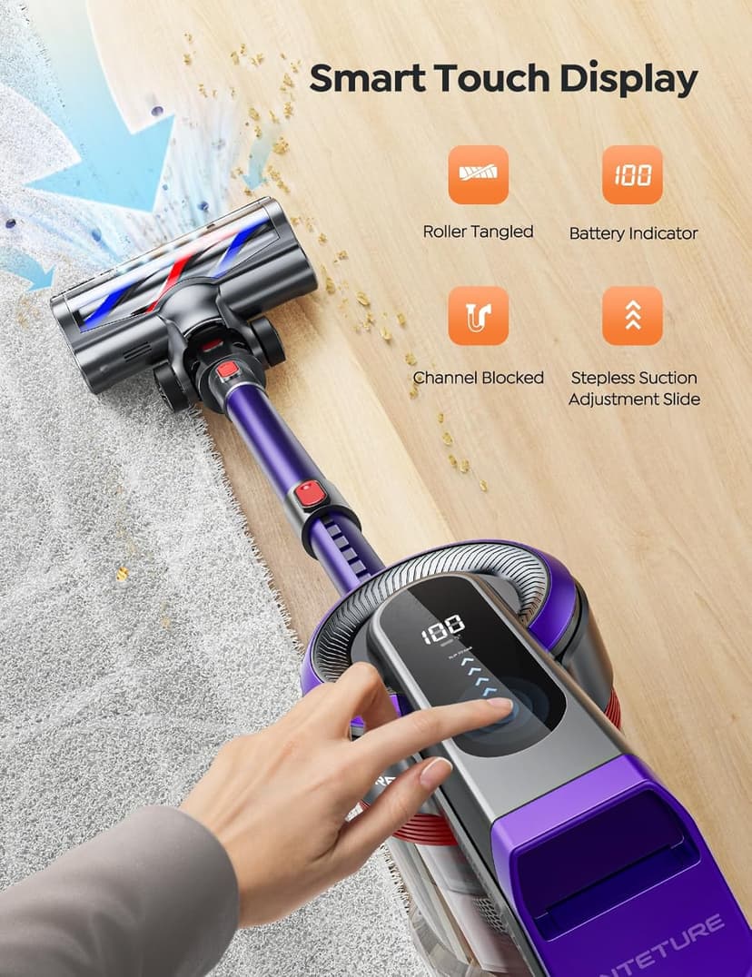 Cordless Vacuum Cleaner, 450W 40Kpa Vacuum Cleaners for Home, Max 55Mins Anti-Tangle Stick Vacuum with Touch Display, Lightweight Handheld Vacuum Cleaner for Hardwood Floor Carpet Pet Hair