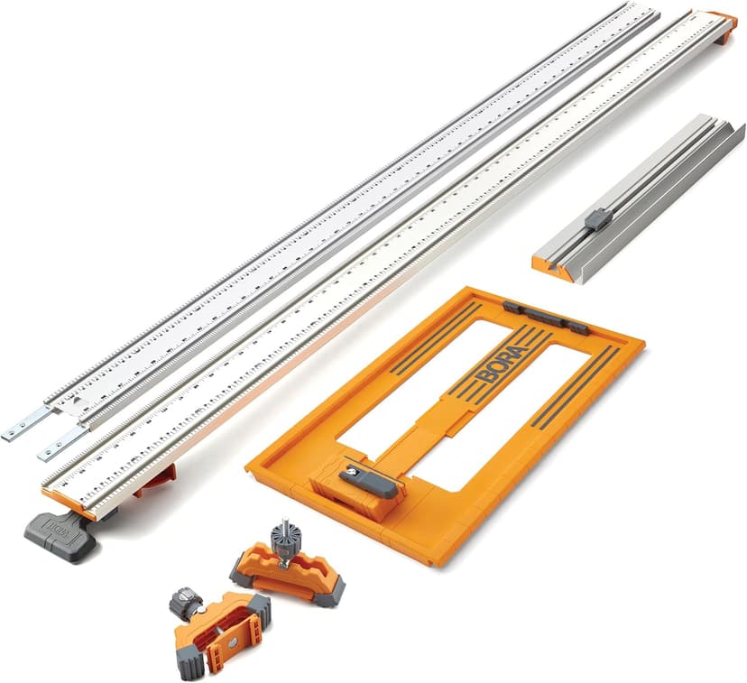 BORA NGX 5pc Deluxe Clamp Edge Set - 50 inch Guide Rail + 50 inch Rail Extension, NGX Saw Plate, T-Square Attachment & Track Clamps - Track Saw system for Circular Saw - 544550