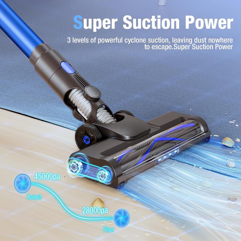 Cordless Vacuum Cleaner, 550W 45KPA 45Min Vacuum Cleaners for Home, Self-Standing Stick Vacuum with Touch Screen, 3 Power Modes, Rechargeable Battery, Handheld Vacuum for Pet Hair/Carpet/Floor