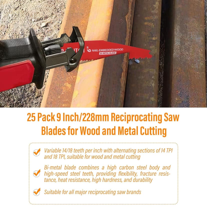25 Pack 9 Inch 14/18 Tpi Reciprocating Saw Blades for Metal Cutting, Carbide Alloy Steel Sawzall Blades for Automobile Dismantling with 8% Cobalt for Longer Life and Faster Cutting Speed