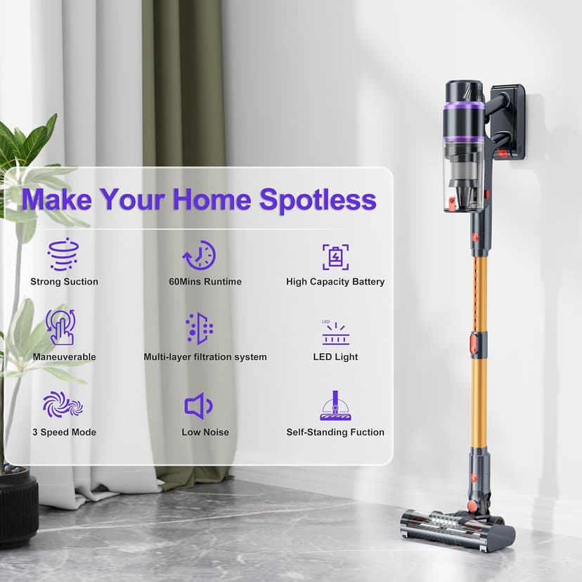 Cordless Vacuum Cleaner, 550W/50Kpa/70Mins Vacuum Cleaners for Home with Smart Auto Mode/LED Touch Display, Self-Standing Cordless Stick Vacuum Rechargeable, Vacuum Cleaner for Pet Hair/Carpet/Floors