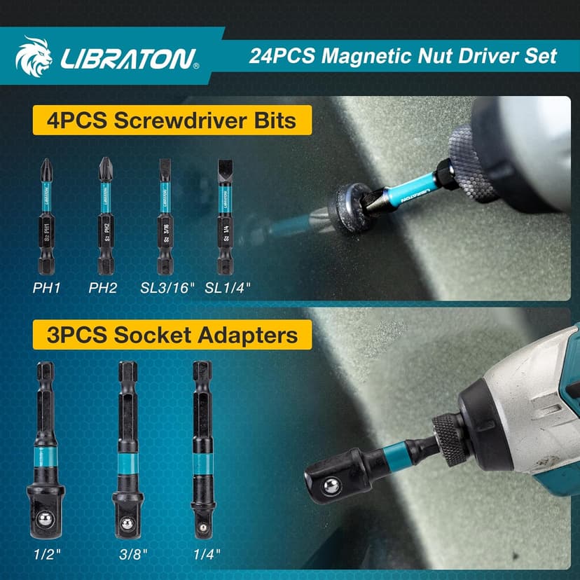 LIBRATON 24PCS Magnetic Nut Driver Set, Impact Drill Driver Bit Set 1/4", Metric and SAE Nut Drivers for Impact Drill, Impact Socket Adapters, Screwdriver Bits, Bit Holder, with Black Phosphating
