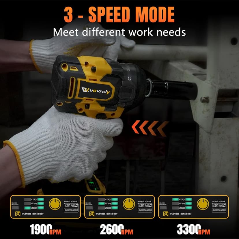 Cordless Impact Wrench 480 Ft-lbs(650N.m) High Torque 1/2 Inch, 3300RPM Brushless Electric Impact Gun, 2 * 4.0Ah Battery 4 Sockets 19 Drill Bits, 3 In 1 Impact Wrench for Car Home DIY