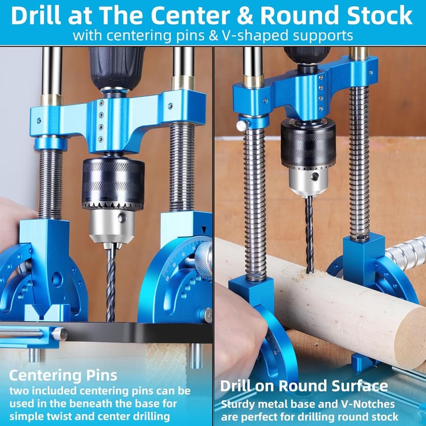 Portable Drill Guide, Multi Angle Drill Guide for Straight Holes, Self-Centering Pins, Drilling Jig w/Chuck & Key, Adjustable Angle from 0° to 60°, Chuck Clamping Range for 1/16-1/2" (1.5-13mm)