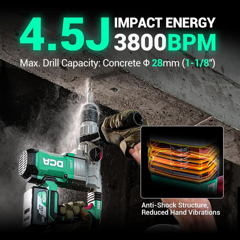 DCA 20V MAX Brushless Rotary Hammer Drill, 4.5 Joule, 3800BPM, 1-1/8 Inch SDS-Plus, Cordless Heavy Duty Rotary Hammer Drill with Vibration Control, 5.0Ah Battery, 4A Fast Charger and Safety Clutch