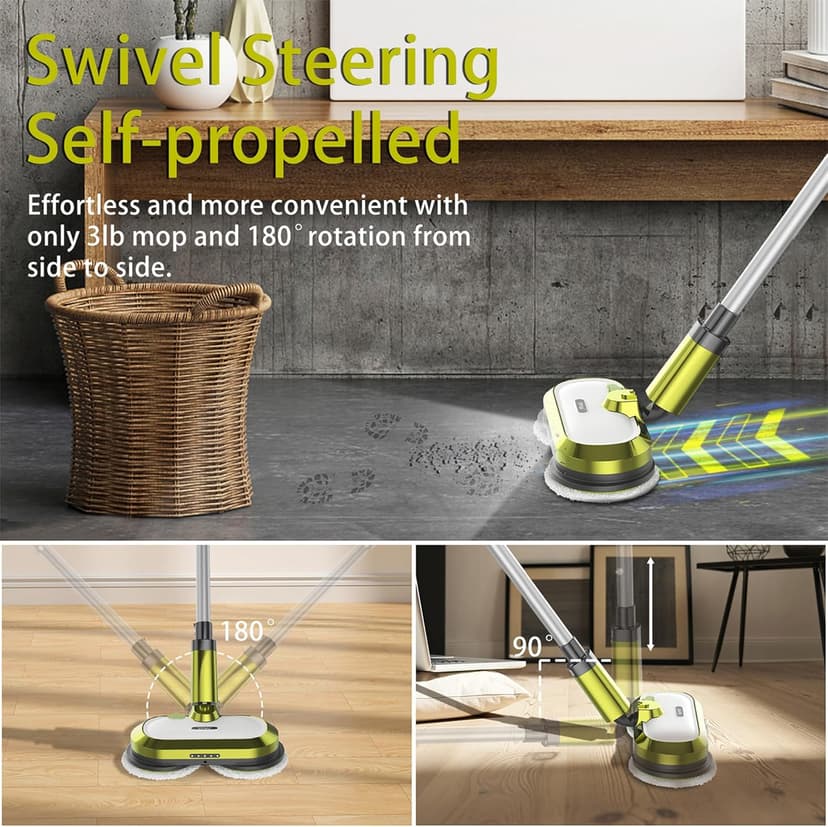 Cordless Electric Mop, Electric Spin Mop with LED Headlight and Water Spray, Up to 60 mins Powerful Floor Cleaner with 300ml Water Tank & Detachable Battery, Super Quiet Cleaning & Waxing