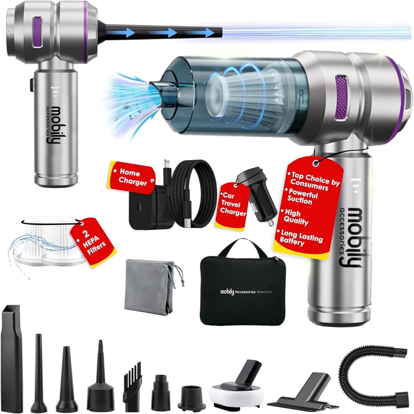 【2025 Upgraded】 Handheld Vacuum Cordless, Car & Home Cleaner with Brushless Motor, Strong & Compressed Air Dusters with LED Light, Type C Port, Wireless Mini Portable Hand Blower