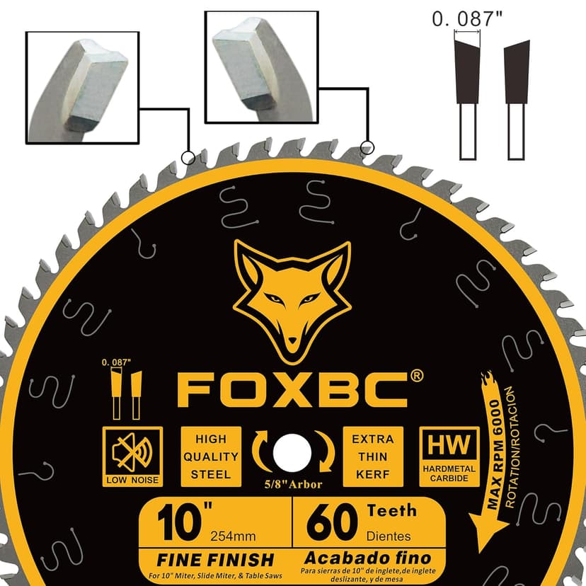 FOXBC 10 Inch Thin Kerf Fine Finish Crosscut Table Saw Blade, 60-Tooth ATB, with 5/8-Inch Arbor