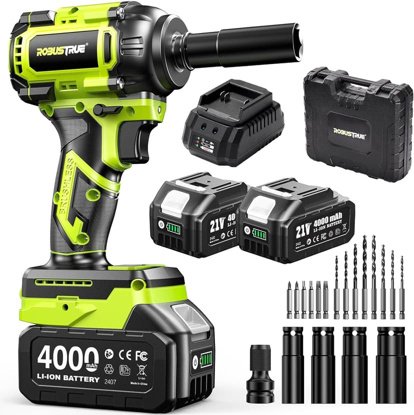 Cordless Impact Wrench, 406Ft-lbs (550N.m) Brushless 1/2 inch, 2800RPM High Torque Impact Gun, 2x 4.0Ah Battery, Charger, 4 Sockets, Electric Impact Wrench for Car Home
