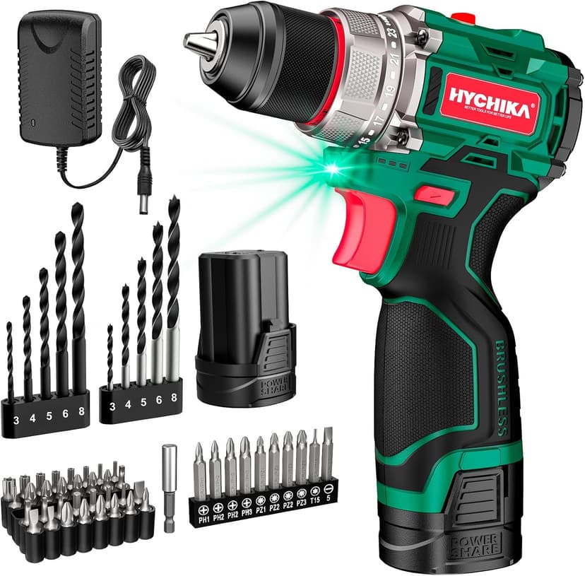 HYCHIKA Drill Set, True Brushless Power Drill Driver 16.8V Cordless Compact Drill Woman Man,410 IN-LB, LED Light,2 Variable Speed 23+1 Torque 3/8" Keyless Chuck, 1 Lithium-Ion Battery