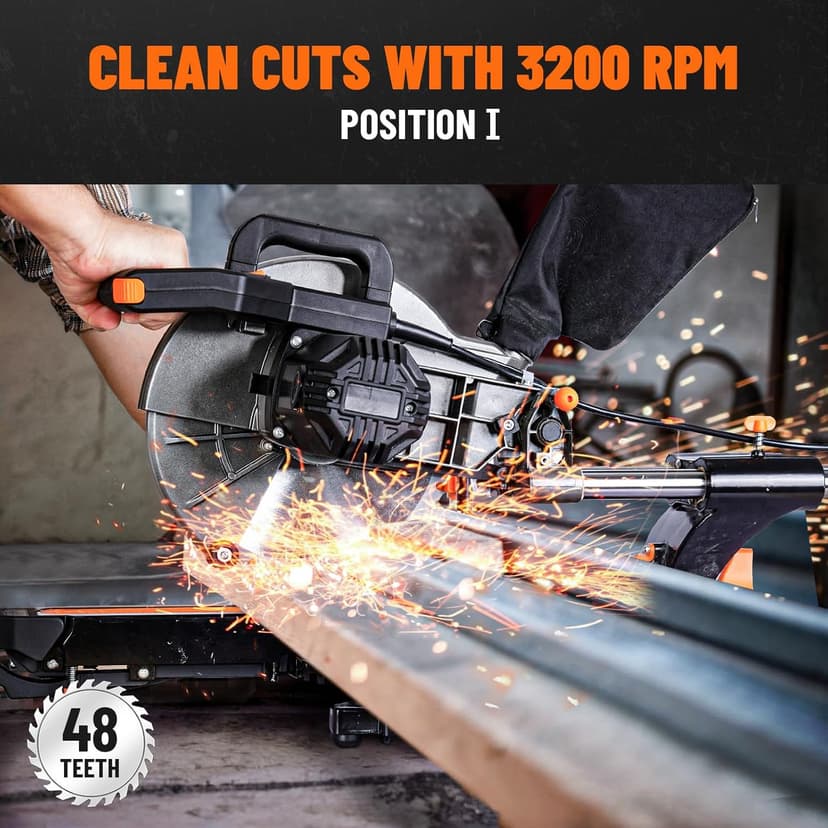 Updated 10-Inch Sliding Miter Saw, Multi-Material Cutting w/ 3 x TCT Blades, Ambidextrous Operation, 5000/3200RPM Speed, Laser Guide, 0-45° Bevel Cut, Max Cut 3.5x13.4in, 9 Positive Stops