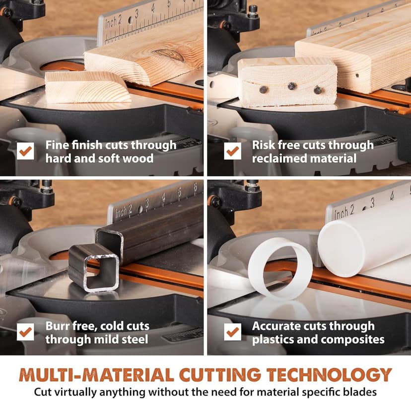 Evolution R8MTS | 8-1/4” Convertible Miter/Table Saw | Multi-Function Saw | 0-45° Bevel & +/- 45° Miter | Multi-Material Cutting: Wood, Plastic, Metal | Compact, Powerful 12A Motor | TCT Blade Incl