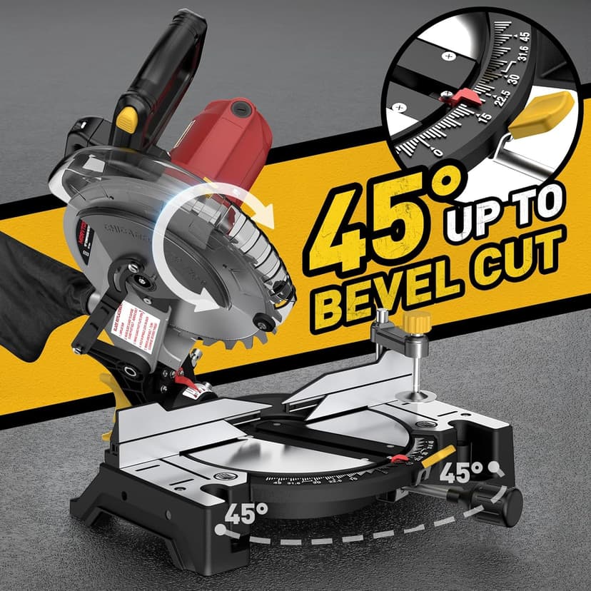 10-inch Compound Miter Saw, 5000RPM, 15 Amp, Single Bevel 0-45° with Extension Table, 36T Blade, Power Saw for Metal, Plastic, Wood, Laminates
