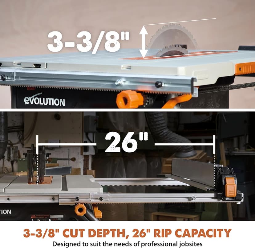 Evolution R10TBLX 10" Jobsite Table Saw with Wheeled Scissor Stand | 15A Motor | Multi-Material Cutting | 10" Blade | 26” Rip | 3-3/8” Depth | 0-45º Bevel | Precision Fence | Portable & Heavy-Duty