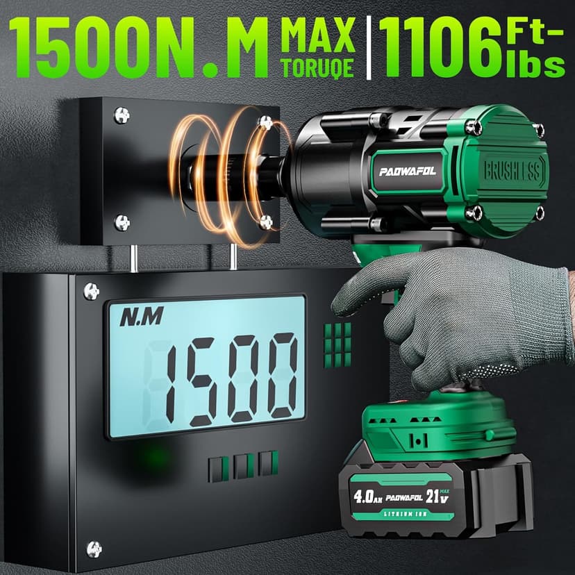 1500N.m(1106ft-lbs) Brushless Impact Wrench, High Torque 1/2" Impact Driver with 2* 21V 4.0AH Battery, Fast Charger, 5 Sockets & Storage Case, Cordless Impact Driver for Home Car Truck Tires