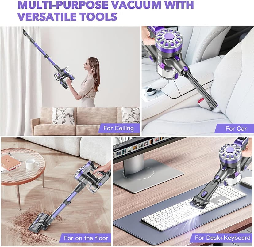Cordless Vacuum Cleaner for Home with Powerful Suction,Lightweight Stick Vacuum Cordless Rechargeable with 35 Mins Runtime, Hardwood Floor Vacuum for Pet Hair,Carpet,Tile(Purple)