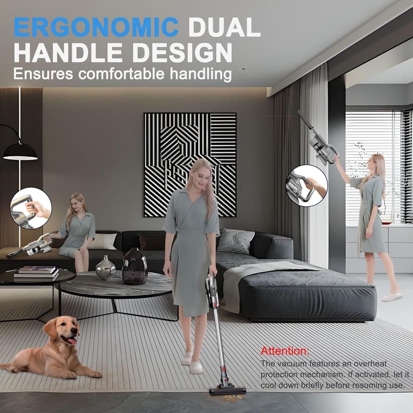 Cordless Vacuum Cleaner, Lightweight Stick Vacuum Cordless Rechargeable with LED Touch Screen, 2 Modes Powerful Suction Vacuum Cleaners for Home Pet Hair, Carpets, Hardwood Floors