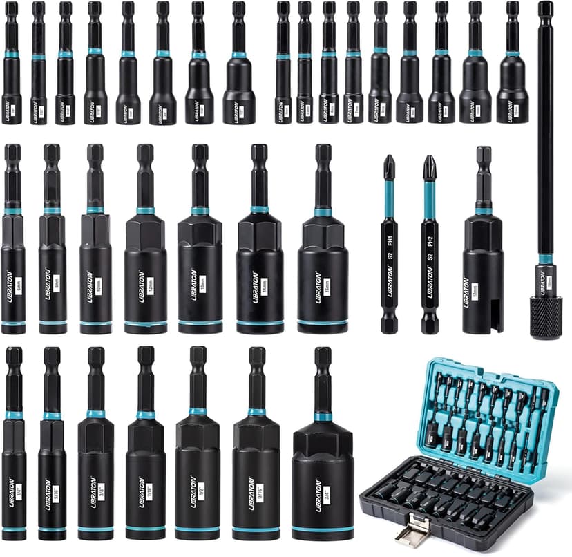 LIBRATON Magnetic Nut Driver Set, 35PCs Impact Driver Bit Set, Deep Nut Driver Set, Metric & SAE Nut Driver for Impact Drill, Wing Nut Driver, Quick-release Bit Holder, Drill Bit PH1 PH2, with Toolbox