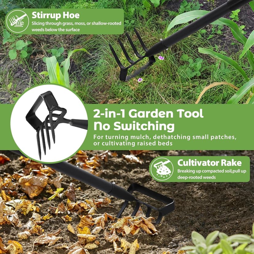Garden Hoe,2 in 1 Heavy Duty Stirrup Hoe and Cultivator Gardening Tool Set with 62 inch Long Handle,Lightweight Hula Hoes Weeding Rake for Fast Weeds Grass Removal,Cultivating, Loosen Soil, Sharp Edge