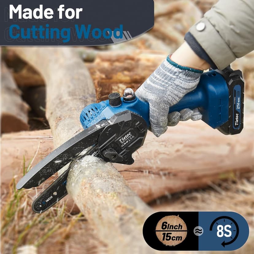 Tietoc Mini Chainsaw, 6 Inch Chain Saw Cordless, 880W Powerful Electric Handheld Chainsaw with Automatic Oiler, with 2 Batteries and 2 Chains, Tree Trimmer Gardening Tools Gift for Men, Father, Dad