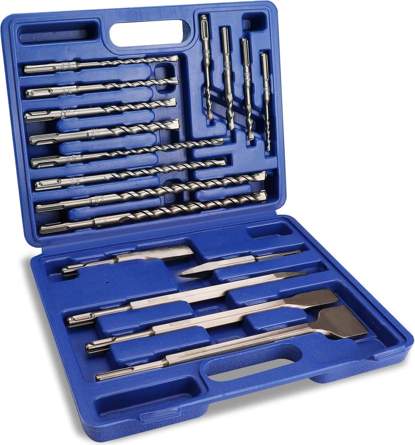 WORKPRO 17-Piece SDS-Plus Rotary Hammer Drill Bits and Chisel Set, Carbide-Tipped Masonry Drill Bits and Chisels for Concrete, Stone, Brick, with Storage Case