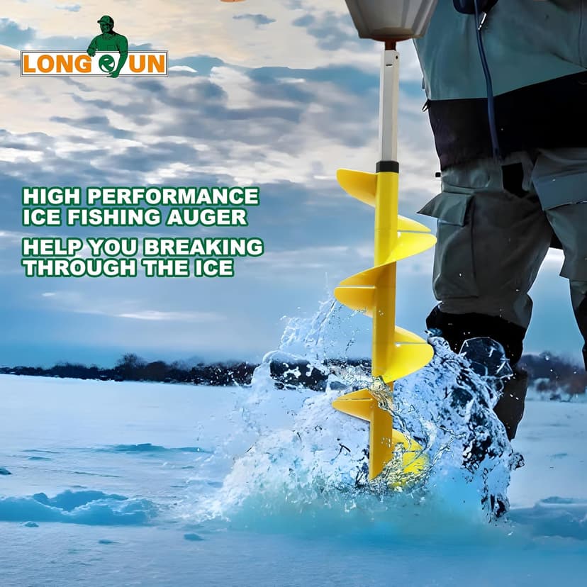 Nylon 8 Inch Ice Auger, 35.95 Inch Extended for Drilling Deep Ice Fishing Holes, Durable Polymer Auger Drill Bit for Ice Post Hole Digger w/Sharp Blade & Cover, Ice Auger Adapter with Handle-Yellow